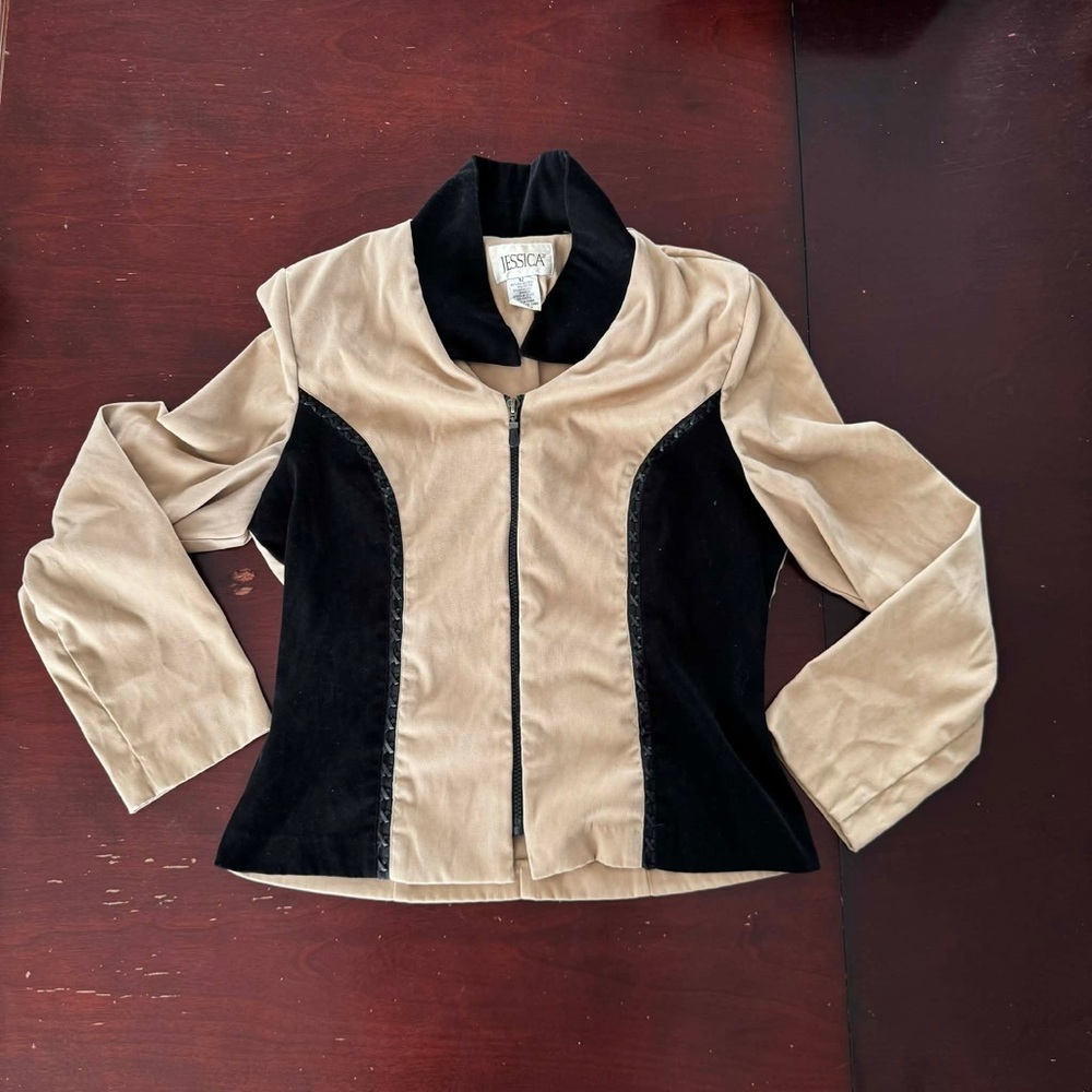 Jessica Tan Black Colorblock Zip Up Jacket Velour Suede Blazer Embroidered Chic - Picture 2 of 4